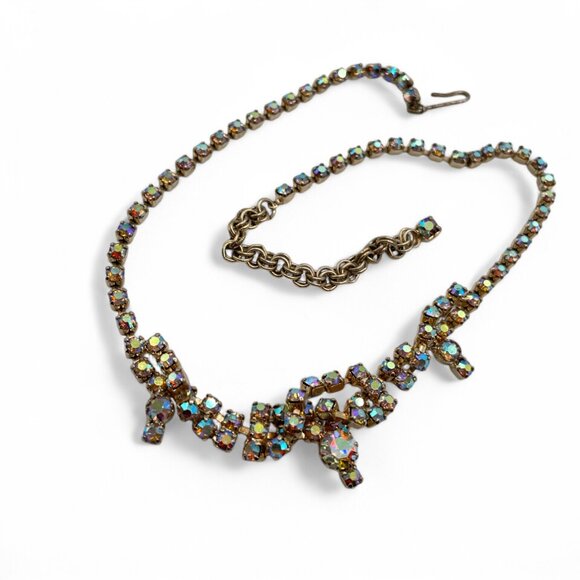 Vintage AB Aurora Borealis Rhinestone Gold-Tone Prong-Set Choker Necklace - Picture 6 of 10